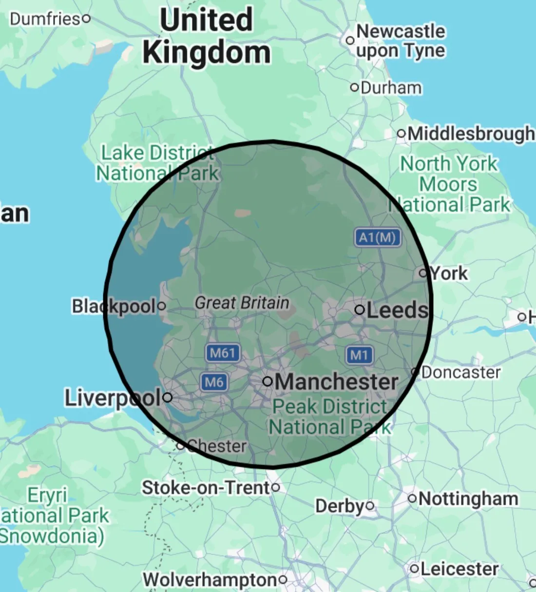 Map showing our 50-mile coverage area around Burnley, reaching Manchester, Leeds, Blackpool, Liverpool and beyond.